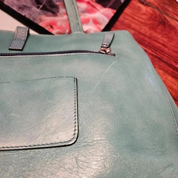 Aqua Vegan Leather  Tote Shoulder Bag with Lots of Pockets - Medium Size - Picture 9 of 16